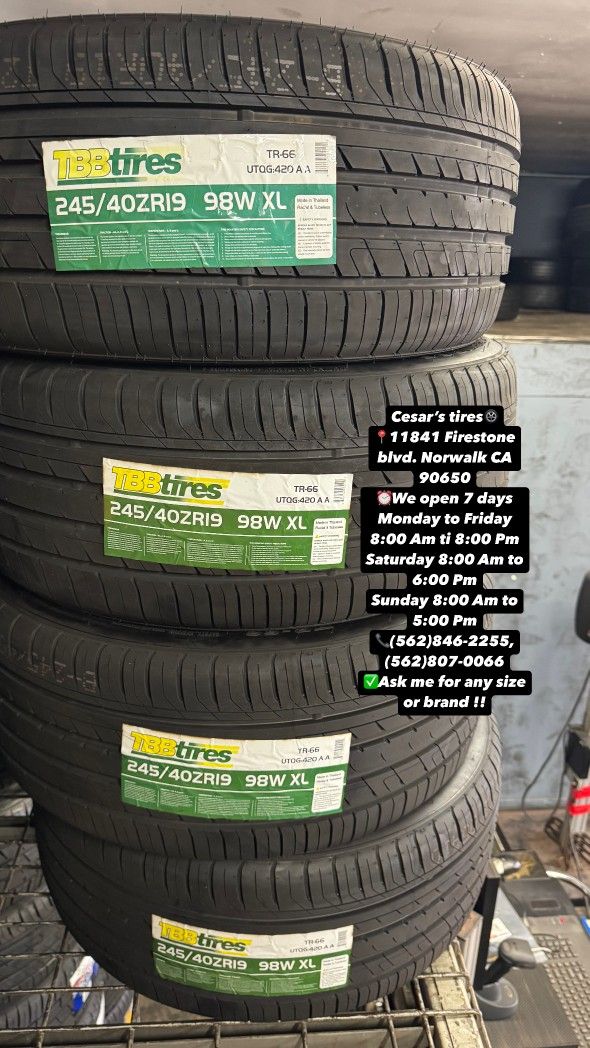 245/40R19 TBB A SET OF FOUR NEW TIRES, INCLUDES MOUNTING AND BALANCING WITH WARRANTY, ASK ME FOR ANY SIZE OR BRAND, WE HAVE THE BEST PRICES!!