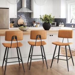 Bar Stools Set of 3, 24.5" Counter Height Bar Stools, Whiskey Brown Faux Leather Upholstered Barstoo