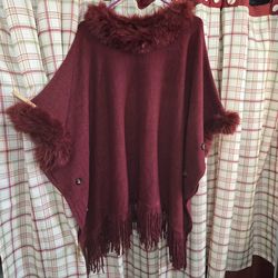Wool Poncho Sweater with Faux Fur and Fringe