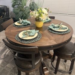 Vintage Round Table Solid Wood With Matching 4 Bar Swivel Stools
