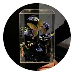 PRESERVED Forever Rose Bouquet Glass Dome/Blue Dried Flower Bouquet Arrangement Gift/butterfly/unique home decor /handmade little prince