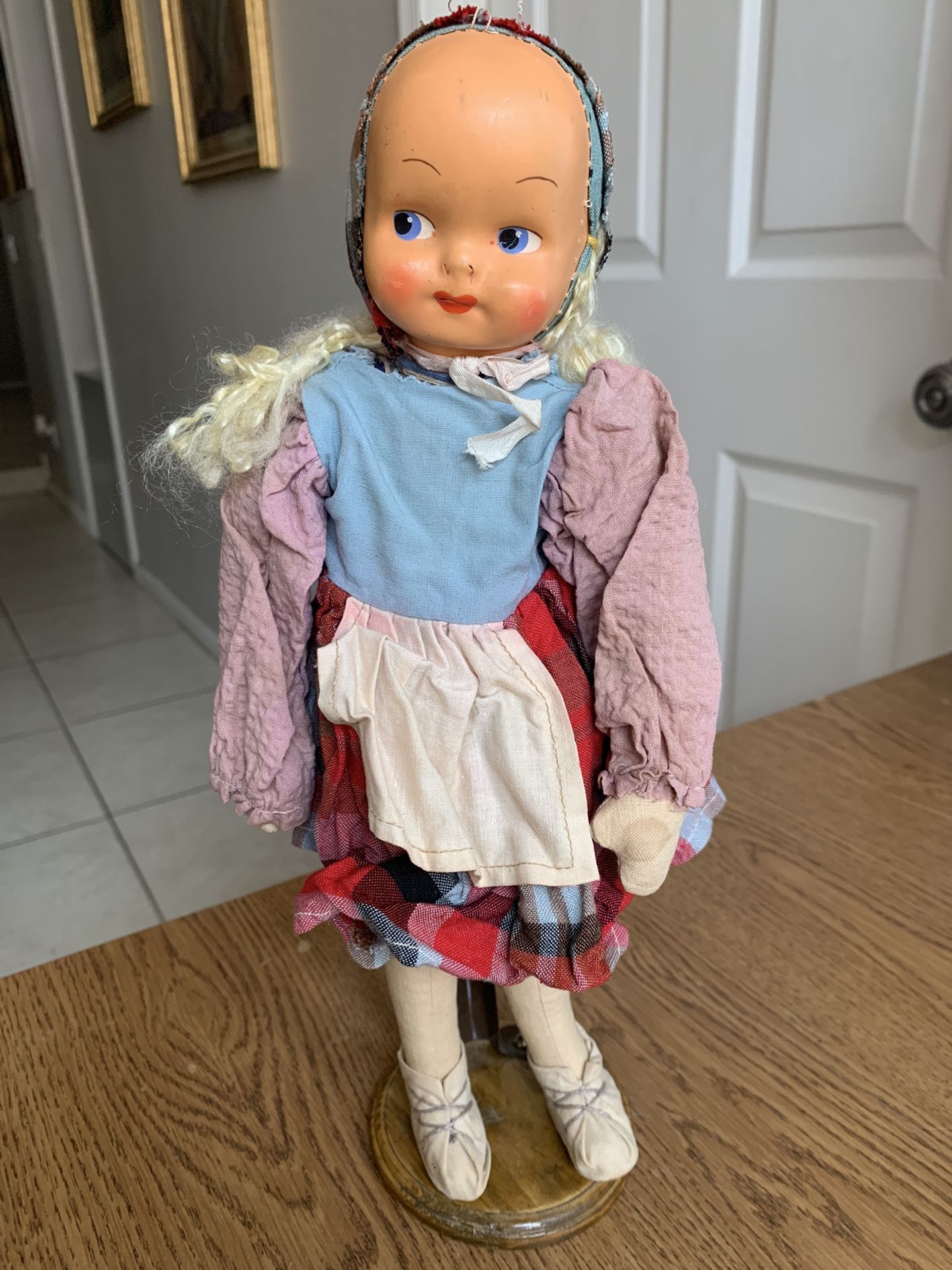 Vintage 14" POLISH Cloth Doll , Jointed Legs , Plastic Face on  Wood Stand