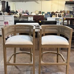 🔥Set of 2🔥Solid Wood and Fabric Upholstered Bar Stools with Rattan Backrest Footrest (Beige Plus Light Ash )  💰199$