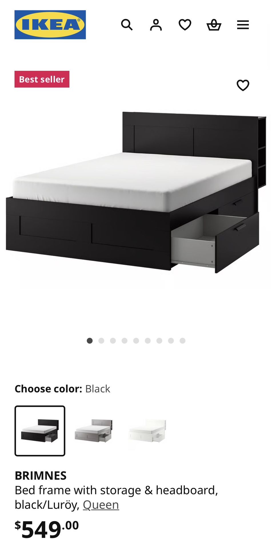 IKEA BRIMNES Bed frame with storage & headboard, black/Luröy, Queen