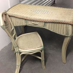 Wicker Desk And Chair, Cream Color Legs Are Bamboo, Good Condition