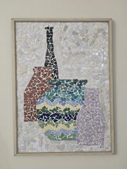 MOSAIC FRAMED Signed EG ARTWORK MINIMALIST STILL WINE BOTTLE POTS LIFE 19" × 14"