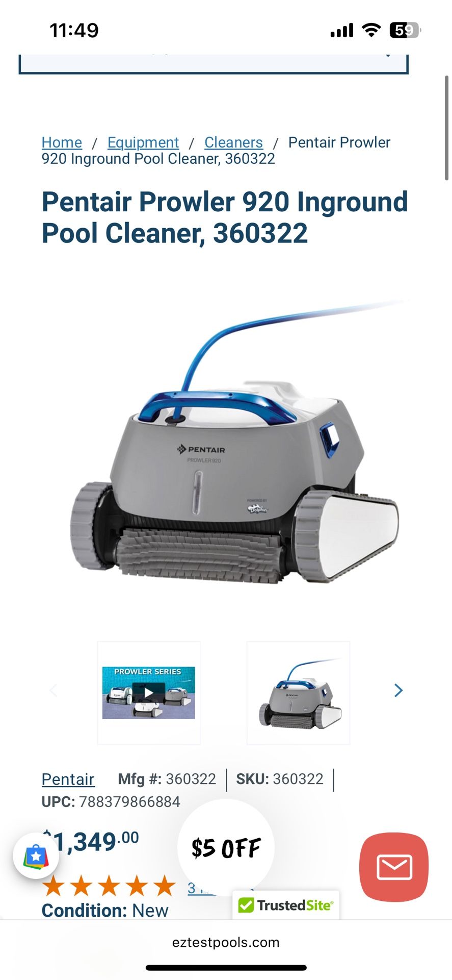 Pentair Prowler 920 Robotic InGround Pool Cleaner