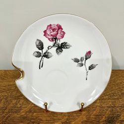Vintage Porcelain Snack Plate with Pink Rose & Gold Trim - 8.25”
