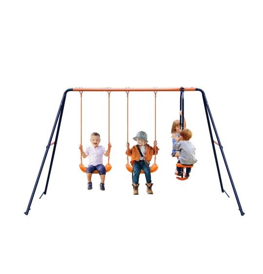 Swing Set Metal Backyard Playground with 2 Seats with 1 Seesaw Play Set 440lbs Capacity