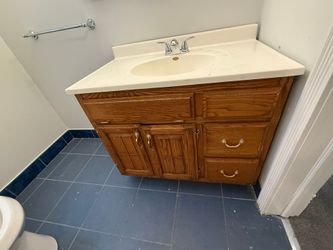 Solid Oak Bathroom Vanity, ~42 in, Cultured Marble Top + Faucet, Used Good