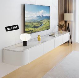 55”Floating TV Stand with LED with Drawers Flip-Down Doors, Round Corner,  Stone-pattern