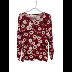 Womens Red White Floral Print Long Sleeve V Neck Top Size Large