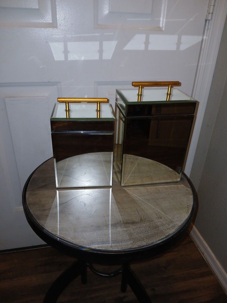 2 Faustina Glass Mirrored Boxes With Brush Gold Handles