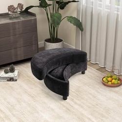 Assembled New Upholstered Half Crescent Moon Storage Bench Large Ottoman w/ Tray Serve As Side Table