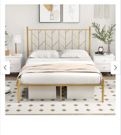 Queen Gold Platform Bed Frame and Mattress