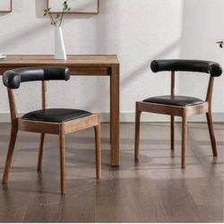 Mid Century Dining Room Chairs Set of 2 Comfy PU Wooden Side Chairs with Upholstered Curved Open Bac