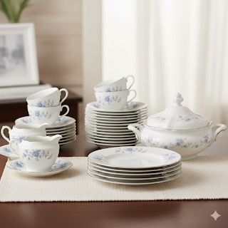 76-Piece Johann Haviland "Blue Garland" China Set - Bavaria Germany - Platinum Trim