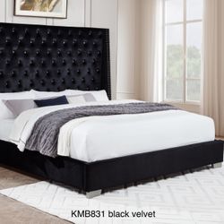New Queen Bed Frame Black Velvet Or Grey Leather Tufted Headboard Faux Diamonds 
