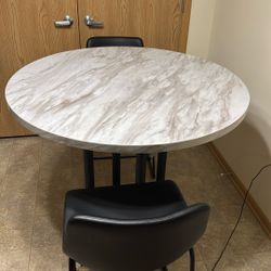 Modern Round Marble-Look Bar Table with 2 Black Stools