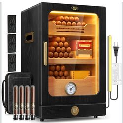 Cigar Humidor, Desktop Cigar Humidor Cabinet Light Control System with Spanish Cedar Wood Shelves, Hygrometer, 3 Humidifiers and Cigar Accessories Dra