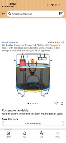 60" Toddler Trampoline for Age 2-4, 5ft Mini Kids Trampoline Indoor with Basketball Ball Adjustable Gymnastics Bar & Toys Swing Enclosure Net for Back