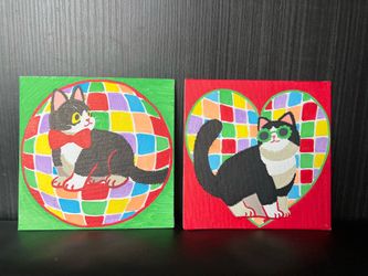 Set of 2- Vintage Tuxedo Cat hand painted acrylic painting on 6”x6” canvas panel
