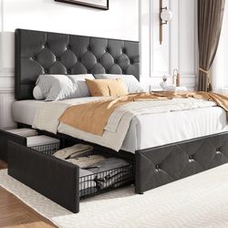 Upholstered Full Size Platform Bed Frame with 4 Storage Drawers, Adjustable Headboard with Diamond Stitched Button Tufted Design, Wooden Slat Support,