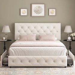 Queen Size Upholstered Platform Bed Frame with 4 Storage Drawers, Modern Beige Fabric Bed with Adjustable Button Tufted Headboard, Solid Wooden Slat S