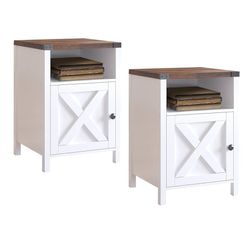 Farmhouse End Table, Nightstand Set of 2, Rustic Night Stand with Barn Door and Storage Shelf, White End Table, Side Table for Bedroom Living Room, Wh