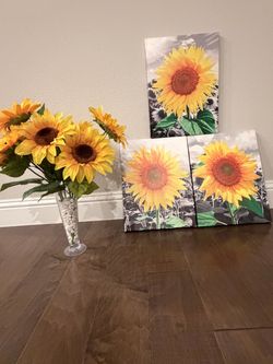 Sunflower Canvas Wall Art Set of 3 with sunflower in a vase