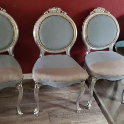 Four Beautiful Silver Wood Antique Louise XIV Era Dining Chairs.   Just Finished Reupholstering.  Very Sturdy!     