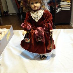 Vtg. 1998 BK Violinist Bisque Porcelain Doll.  Blue Eyes, Long Lashes, Burgundy Holiday Velveteen  Dress, Stand.