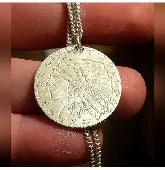 999 Fine Pure Silver Indian Head Half Eagle 1/4th Oz Round Pendant + .925 Chain
