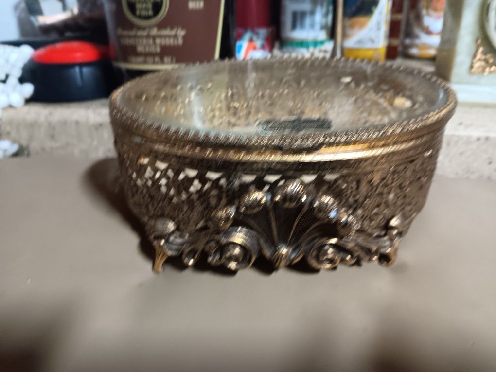 24 K Gold Plated Antique Fillagree Footed Jewelry Box