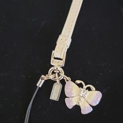 COACH Cell Phone Charm Accessory Strap Butterfly Rhinestone White Purple