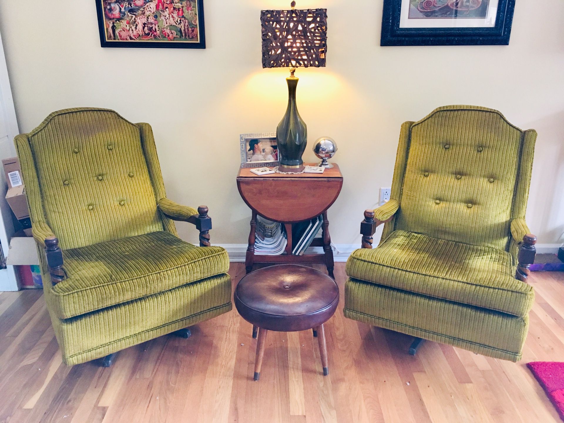 Two Vintage Rocking Parlor Chairs, green striped velour. Solid wood details with metal bottoms. Very, very heavy.