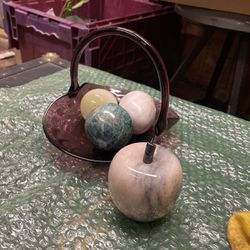 Glass Basket  And Marble  Apple , Egg, Round Stones 