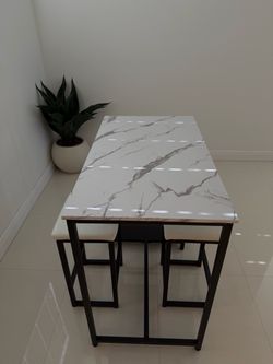 Marble-Top Dining Table with Stools