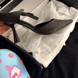 Black Pointed Toe Pump Ankle Strap Buckle Women's Heels