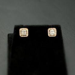14k rose gold 1CTW natural diamond round & baguette cut stud earrings