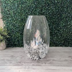 Large 12" Clear Blown Glass Vase with Black & White Dotted Art Design, Cute Modern and Artsy!