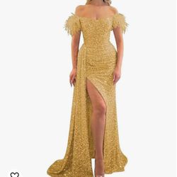 Off Shoulder Feather Sequin Prom Dresses High Slit Mermaid Formal Gowns Women Evening Party Dress