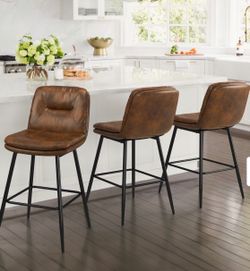 Set of 3 Yellowish Brown Faux Leather Upholstered Counter Height Barstools