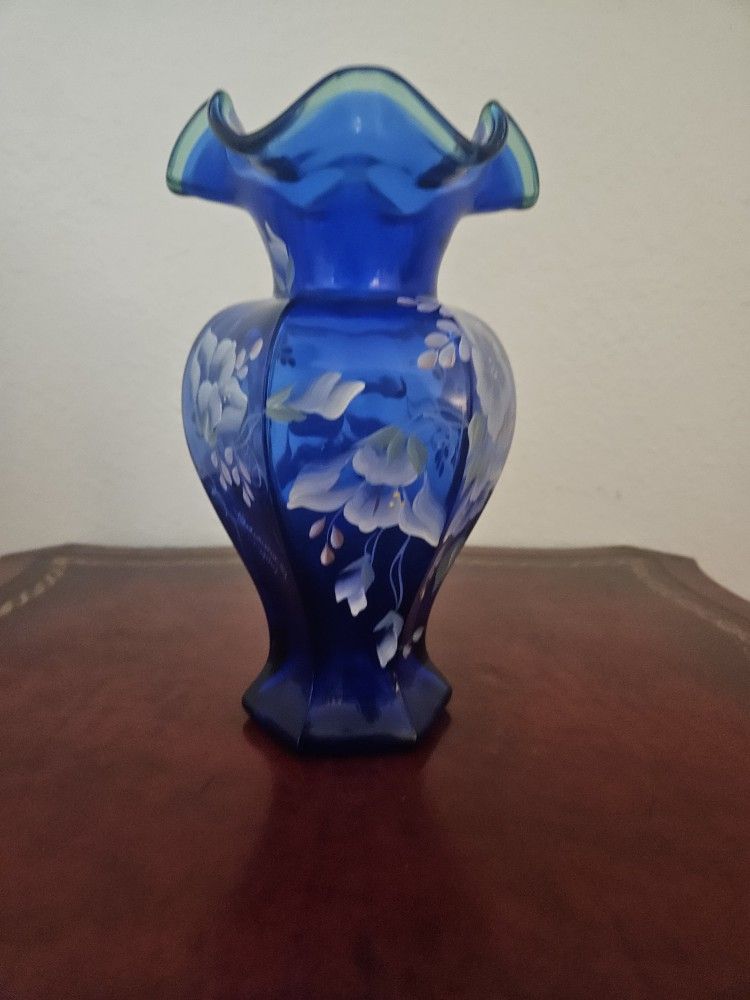 Fenton Hand Painted & Signed by Artist Cobalt Blue Vase 75th Anniversary