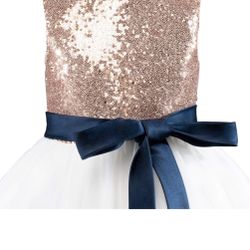 Little Girl Dress Rose Gold Sequence, Navy Blue, White 