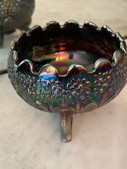 Vintage Fenton Carnival Glass 3 Footed Rose Bowl Orange Tree Fentons Flowers 70s