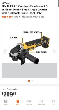 20V MAX XR Cordless Brushless 4.5 in. Slide Switch Small Angle Grinder with Kickback Brake (Tool Only), never used