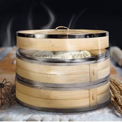 10 Inch Bamboo Steamer Basket, dumpling steamer bamboo, Chinese steamer bamboo, Vegetables, Fish, and Dumpling Steamer, Stainless Steel Bands, Include