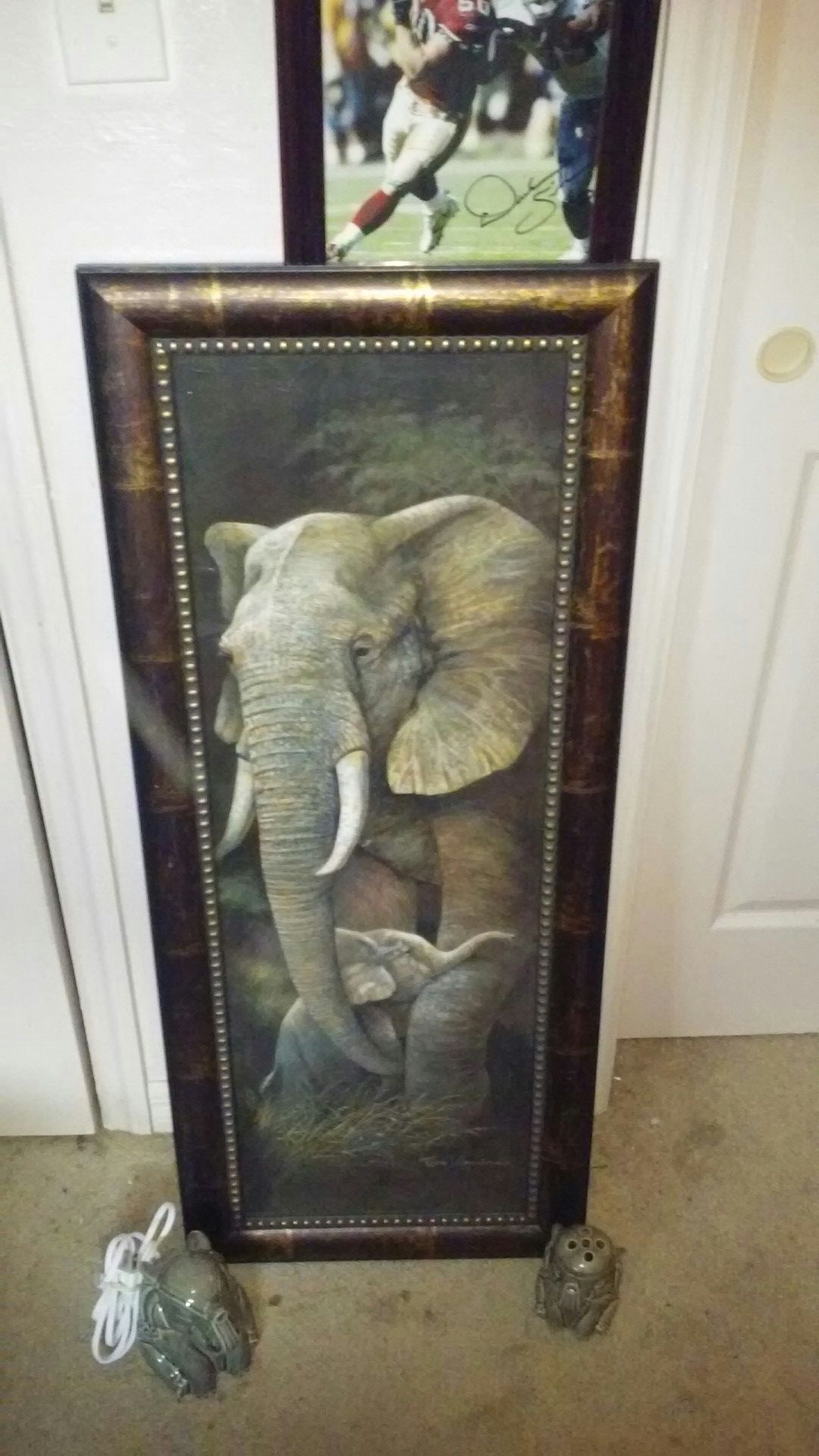Elephant Painting signed Ruane Manning with ceramic night light& candle holder