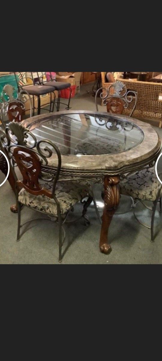 Marble And Glass Kitchen Table With 4 Solid Chairs